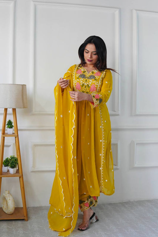 Stylish Party Wear Ensemble with Heavy Faux Georgette Top, Pant, and Embroidered Fancy Dupatta