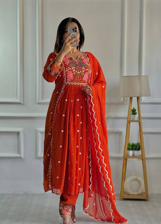 Stylish Party Wear Ensemble with Heavy Faux Georgette Top, Pant, and Embroidered Fancy Dupatta