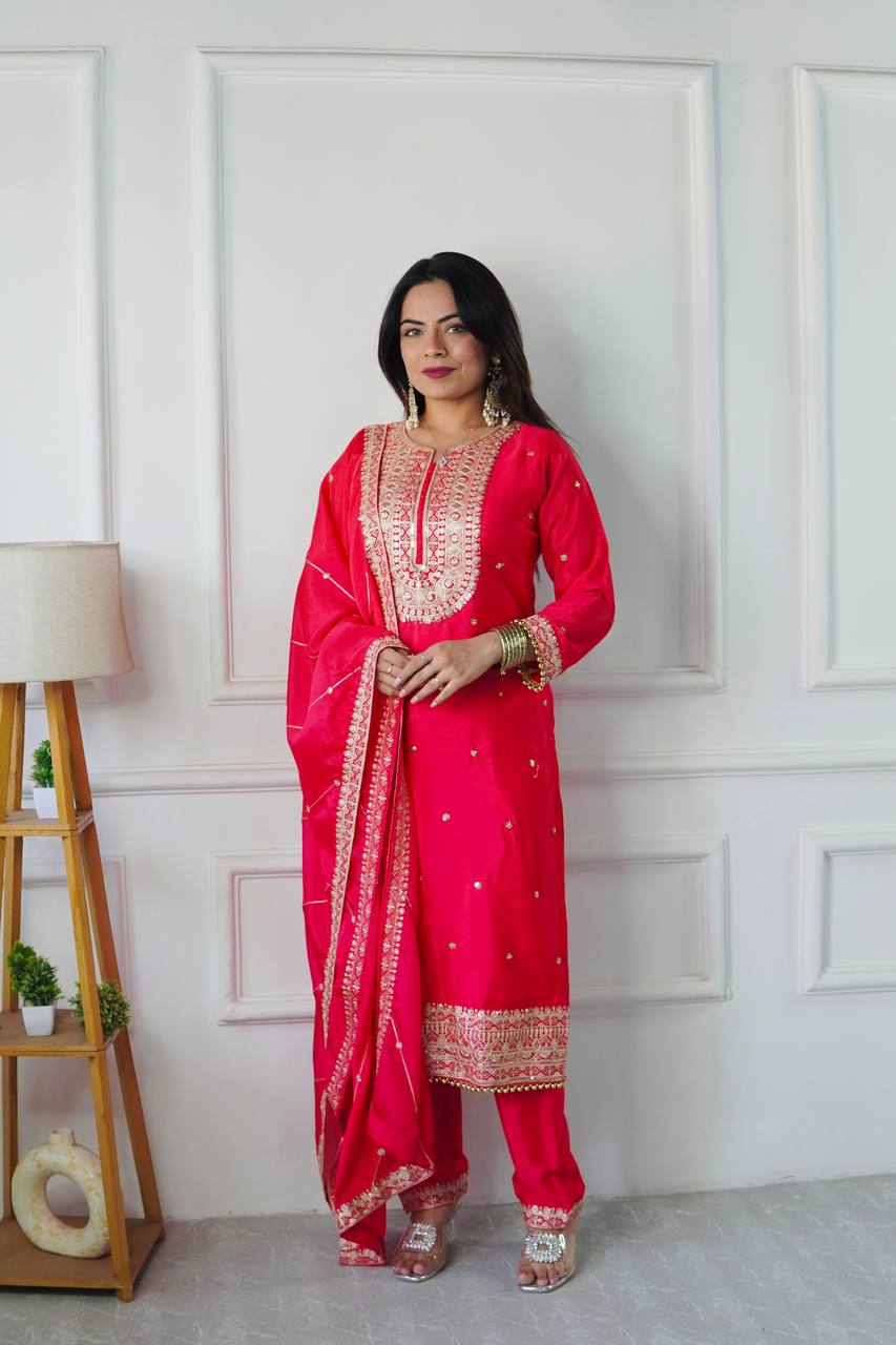 Pure Cosmo Silk Designer Party Wear Top and Pant with Intricate Heavy Embroidery and Sequins Work