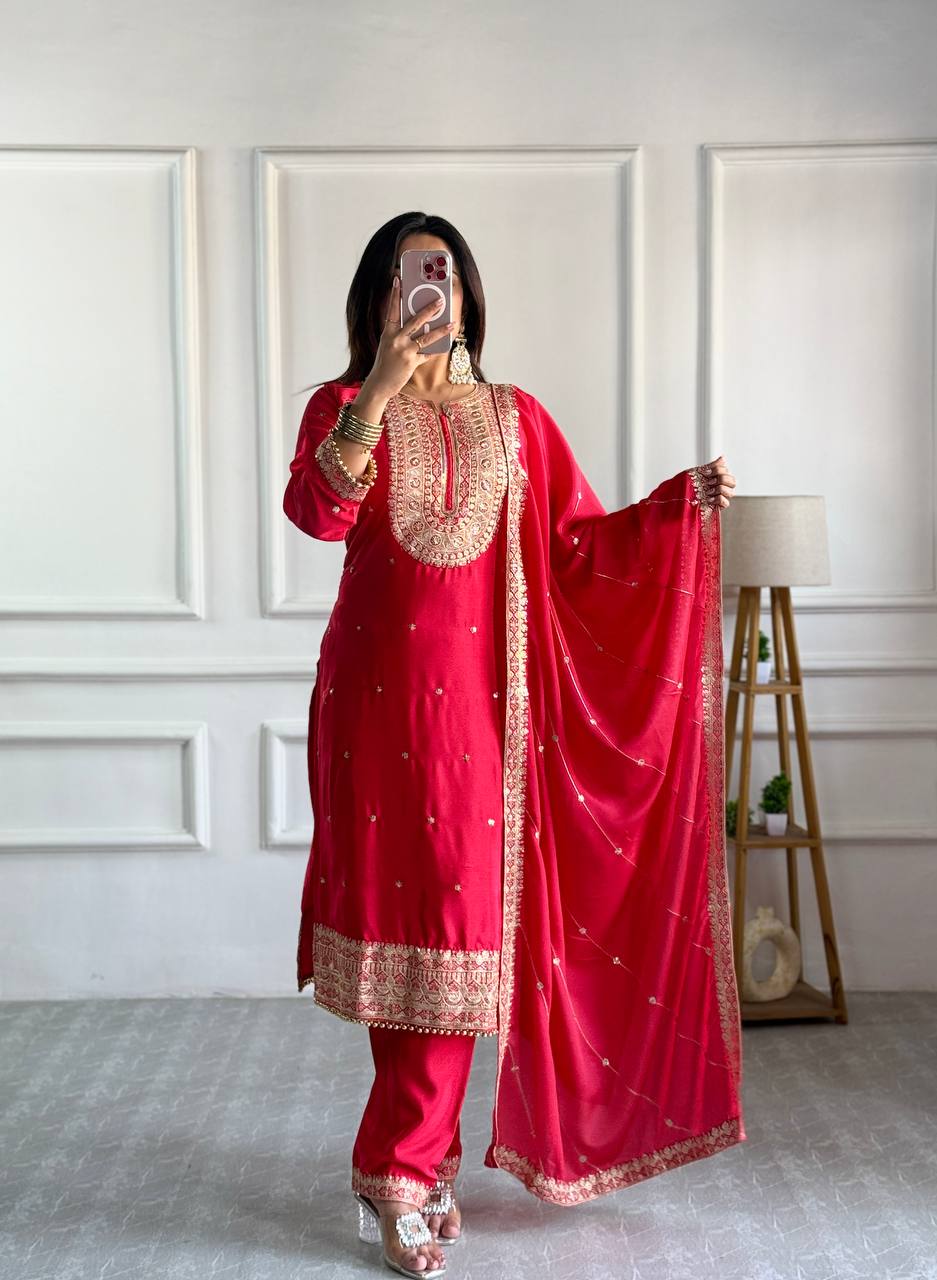 Pure Cosmo Silk Designer Party Wear Top and Pant with Intricate Heavy Embroidery and Sequins Work