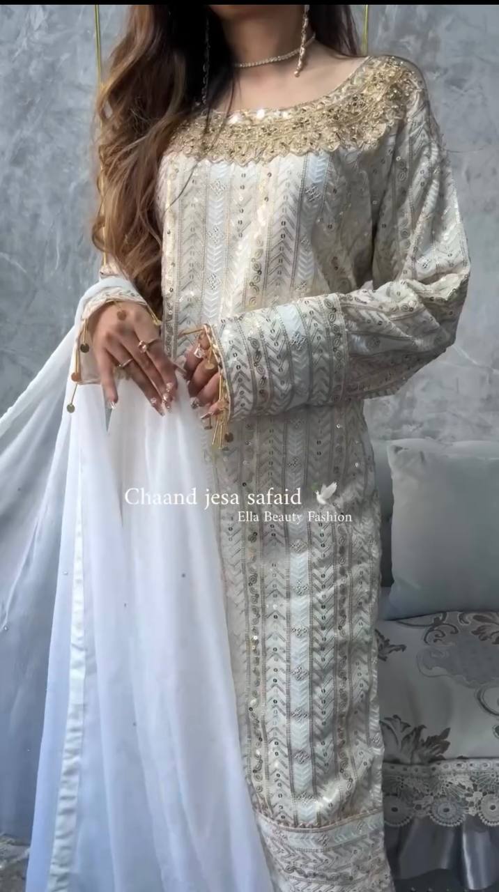 Designer Party Wear Top and Pant Set with Fancy Dupatta in Heavy Faux Georgette and Embroidery Work