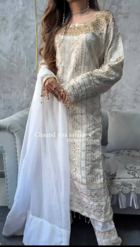 Designer Party Wear Top and Pant Set with Fancy Dupatta in Heavy Faux Georgette and Embroidery Work