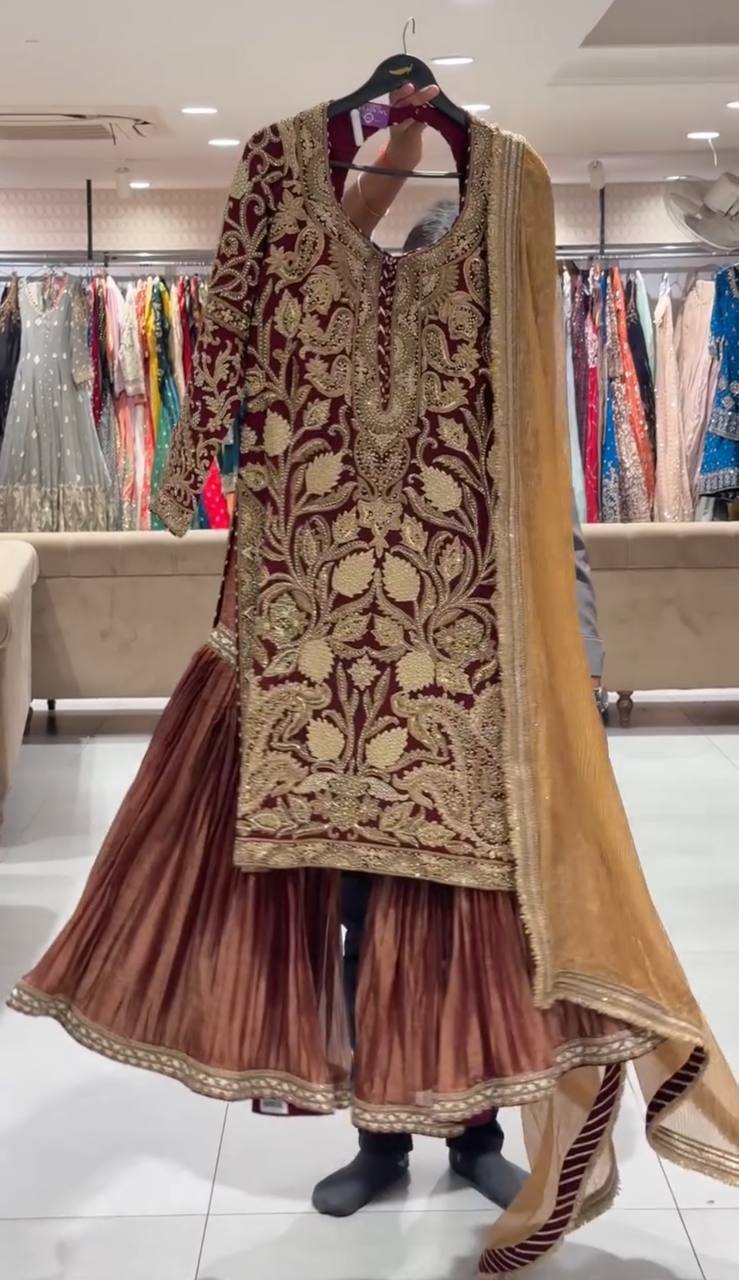 Trendy Brown Embroidered Work Sharara Pair - Jaipur Blossom