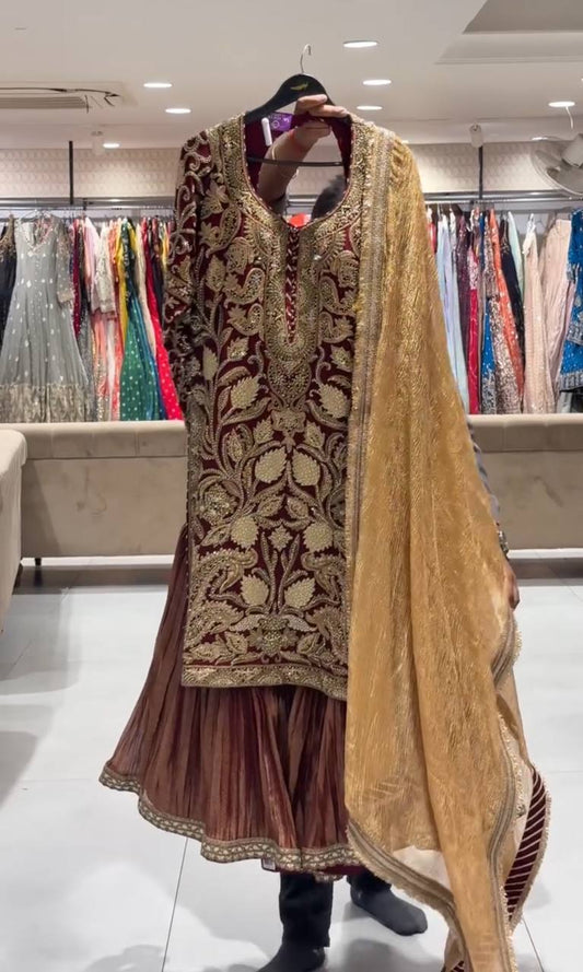 Trendy Brown Embroidered Work Sharara Pair - Jaipur Blossom
