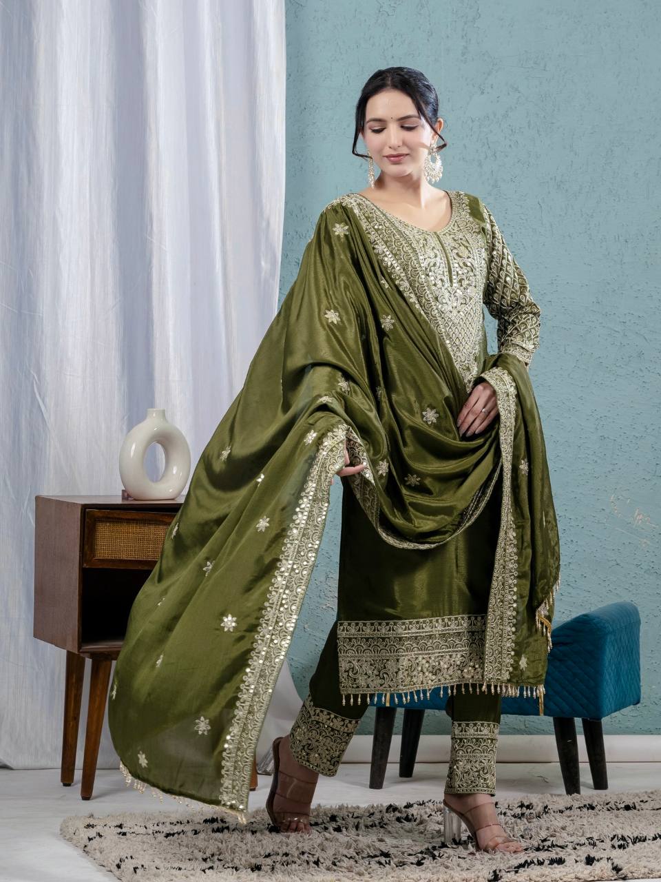 Pure Heavy Chinnon Silk Top with Full Embroidery Sleeve and Matching Pant & Dupatta Set