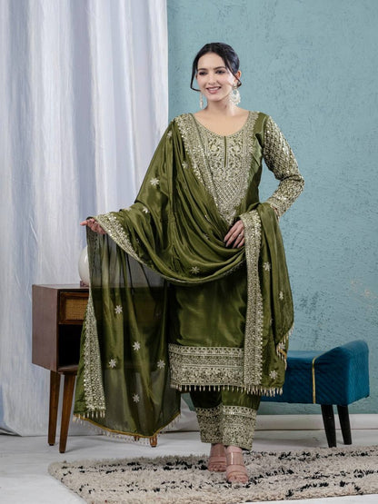 Pure Heavy Chinnon Silk Top with Full Embroidery Sleeve and Matching Pant & Dupatta Set