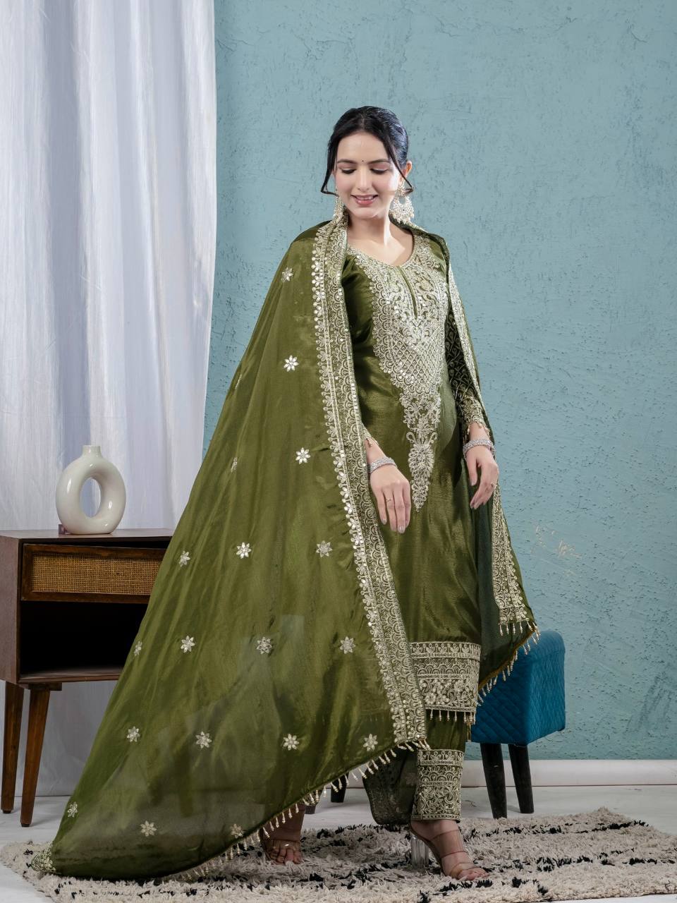 Pure Heavy Chinnon Silk Top with Full Embroidery Sleeve and Matching Pant & Dupatta Set