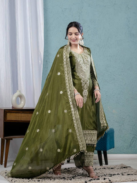 Pure Heavy Chinnon Silk Top with Full Embroidery Sleeve and Matching Pant & Dupatta Set