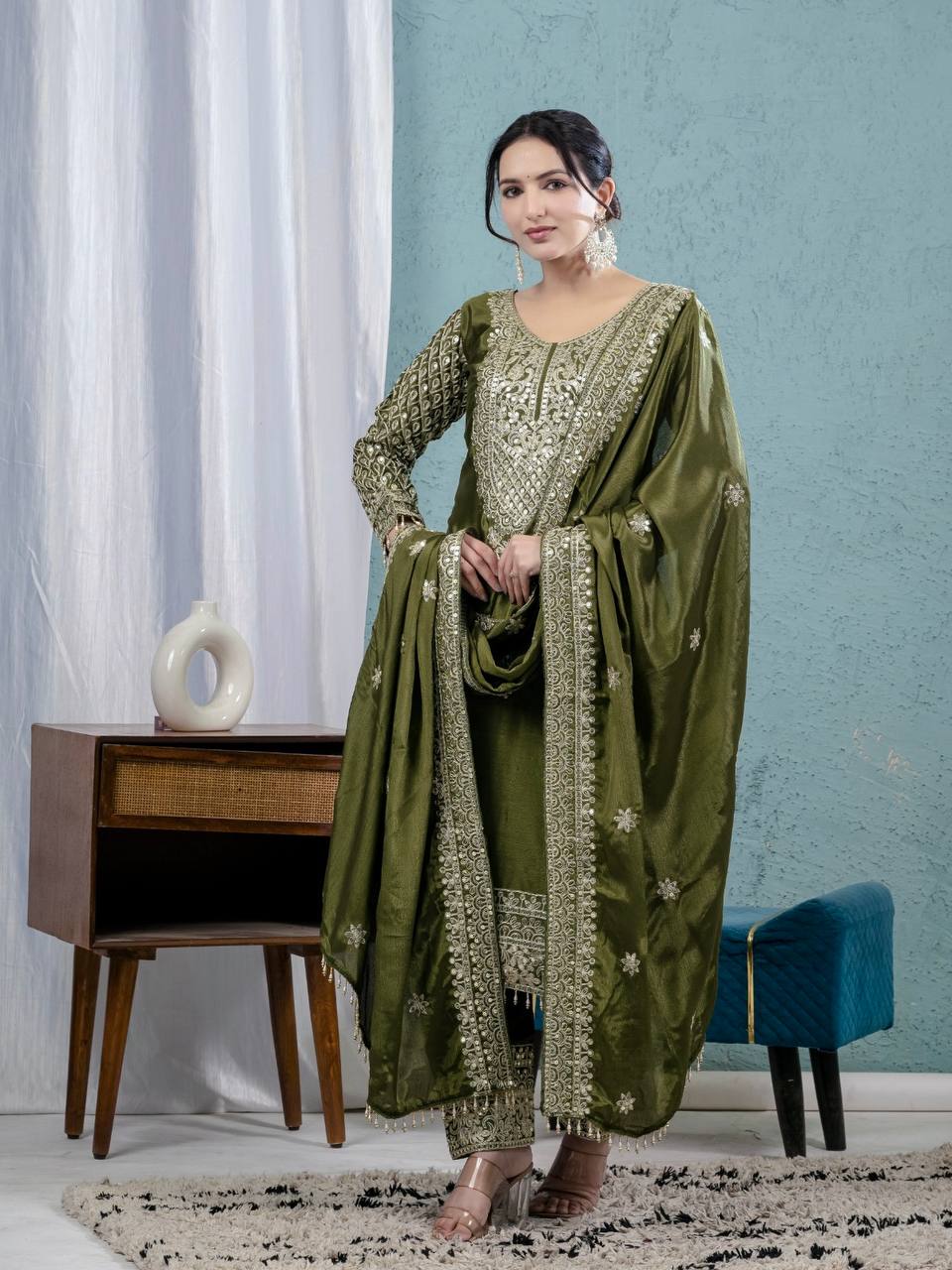 Pure Heavy Chinnon Silk Top with Full Embroidery Sleeve and Matching Pant & Dupatta Set