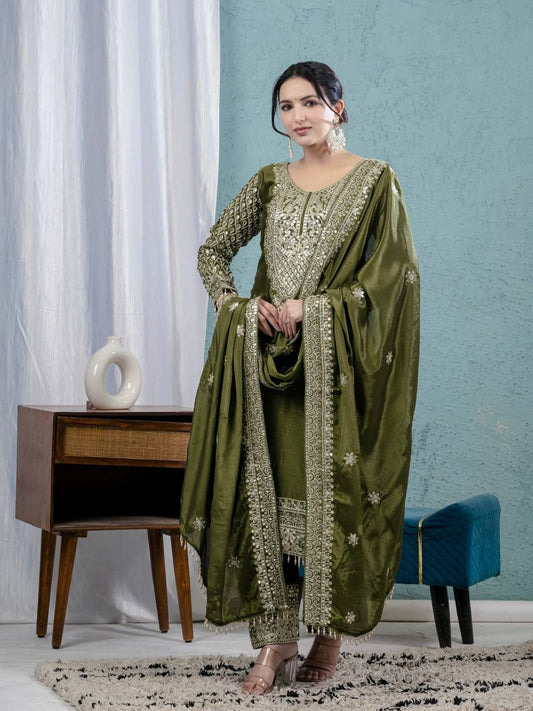 Pure Heavy Chinnon Silk Top with Full Embroidery Sleeve and Matching Pant & Dupatta Set