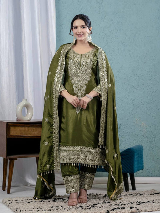 Pure Heavy Chinnon Silk Top with Full Embroidery Sleeve and Matching Pant & Dupatta Set