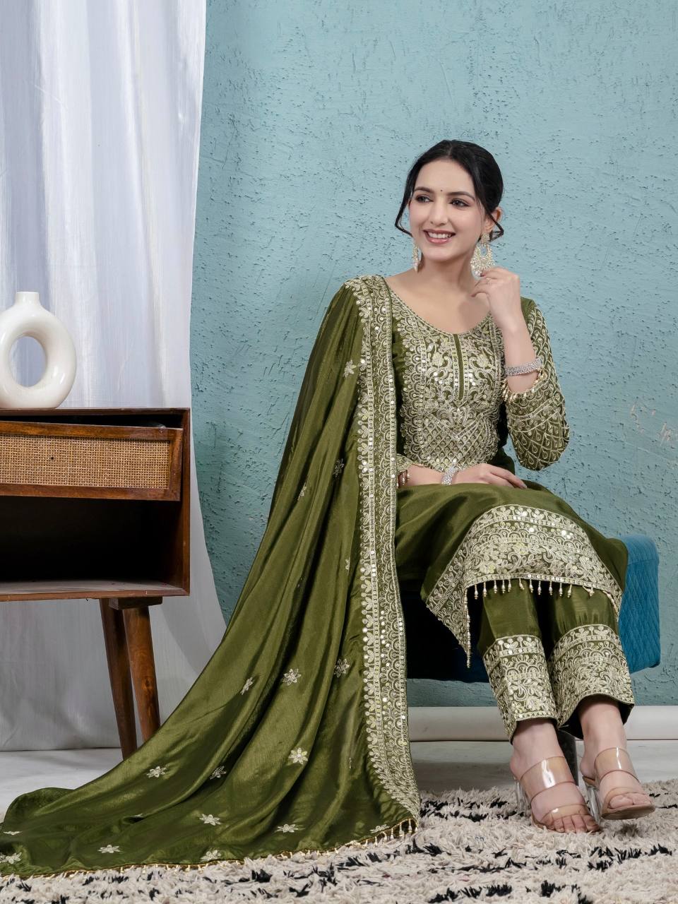 Pure Heavy Chinnon Silk Top with Full Embroidery Sleeve and Matching Pant & Dupatta Set