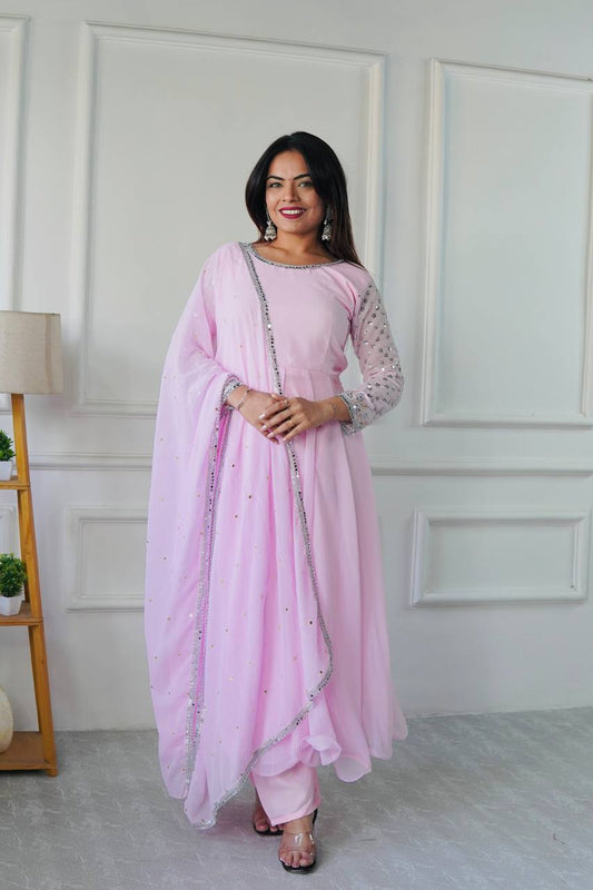 Party Wear Gown with Pant in Pink Heavy Faux Georgette with Detailed Embroidery and Full Sleeves