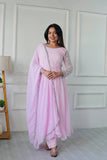 Party Wear Gown with Pant in Pink Heavy Faux Georgette with Detailed Embroidery and Full Sleeves