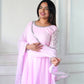 Party Wear Gown with Pant in Pink Heavy Faux Georgette with Detailed Embroidery and Full Sleeves