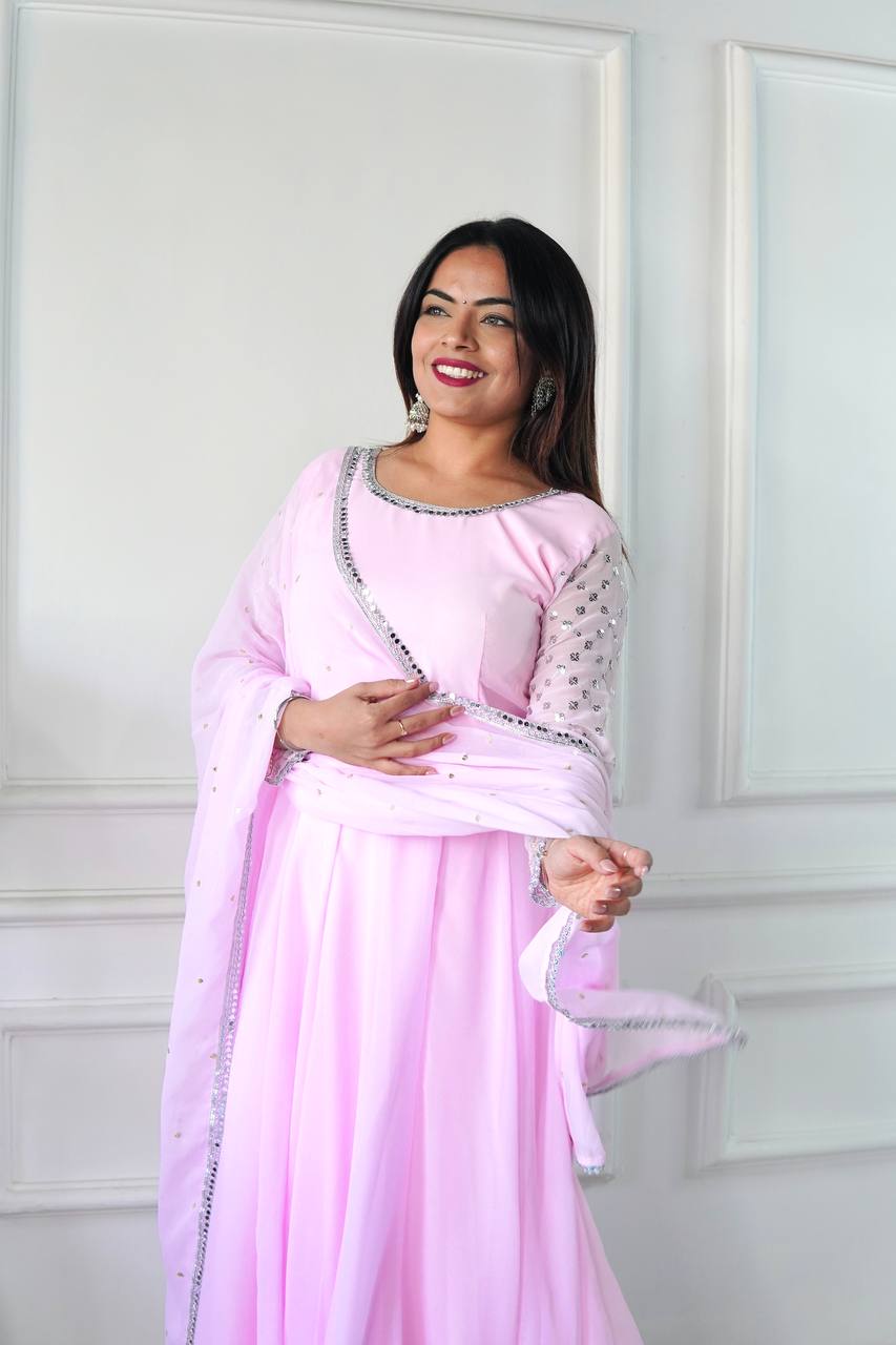 Party Wear Gown with Pant in Pink Heavy Faux Georgette with Detailed Embroidery and Full Sleeves