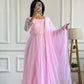 Party Wear Gown with Pant in Pink Heavy Faux Georgette with Detailed Embroidery and Full Sleeves
