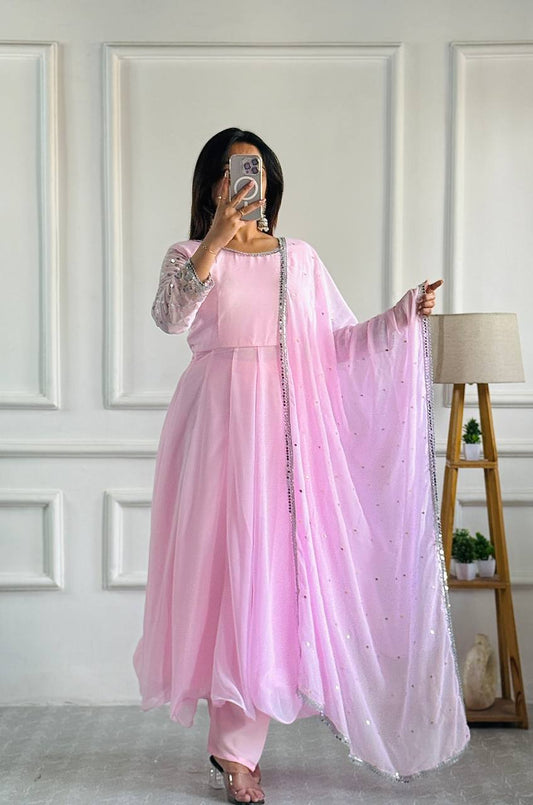 Party Wear Gown with Pant in Pink Heavy Faux Georgette with Detailed Embroidery and Full Sleeves