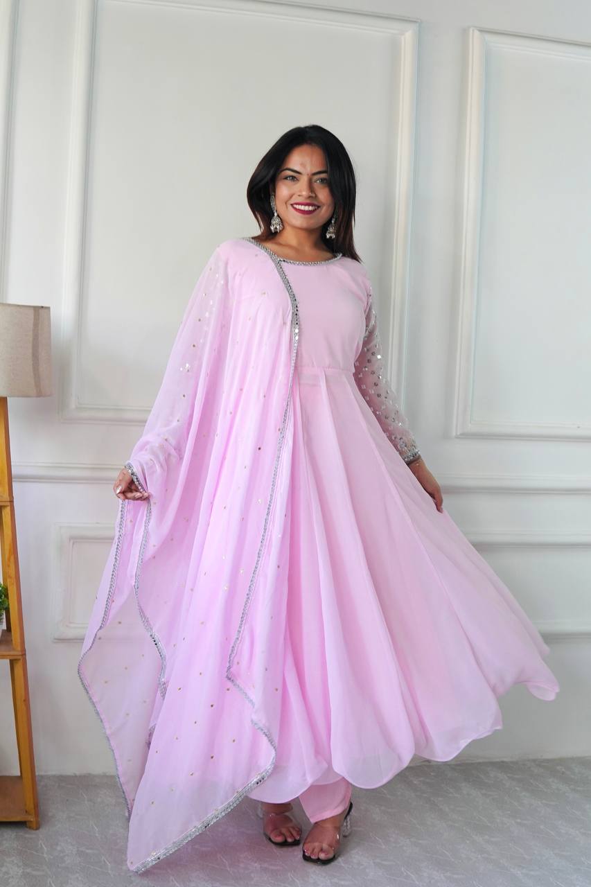 Party Wear Gown with Pant in Pink Heavy Faux Georgette with Detailed Embroidery and Full Sleeves