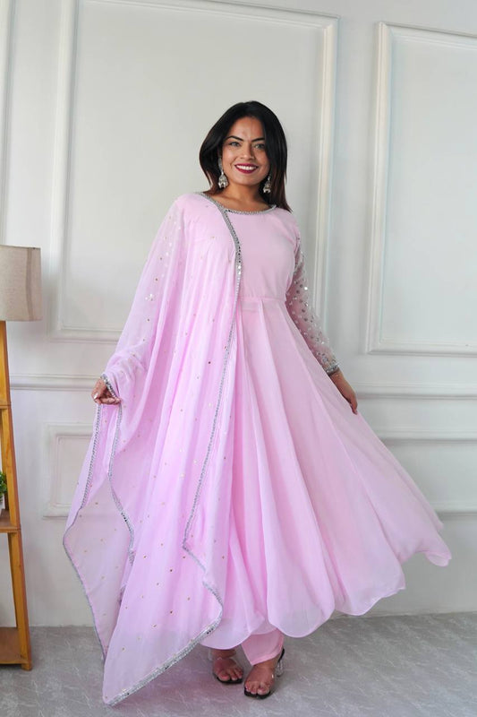 Party Wear Gown with Pant in Pink Heavy Faux Georgette with Detailed Embroidery and Full Sleeves