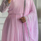 Party Wear Gown with Pant in Pink Heavy Faux Georgette with Detailed Embroidery and Full Sleeves