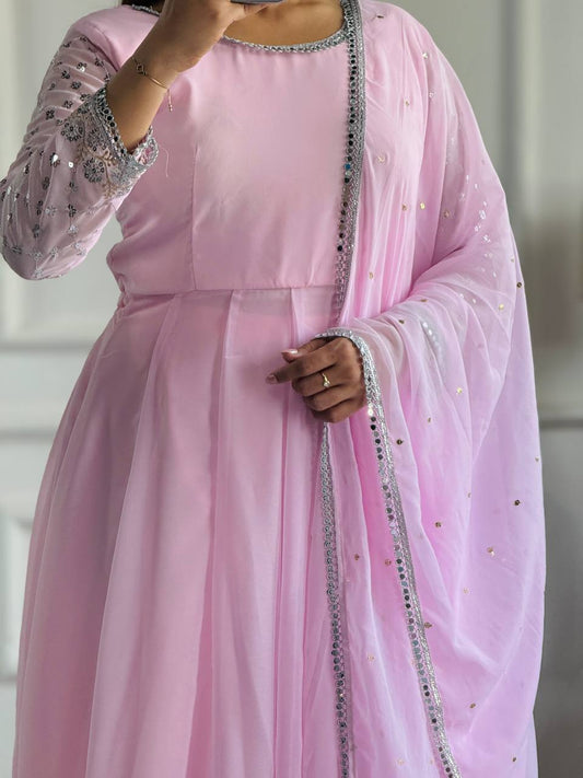 Party Wear Gown with Pant in Pink Heavy Faux Georgette with Detailed Embroidery and Full Sleeves