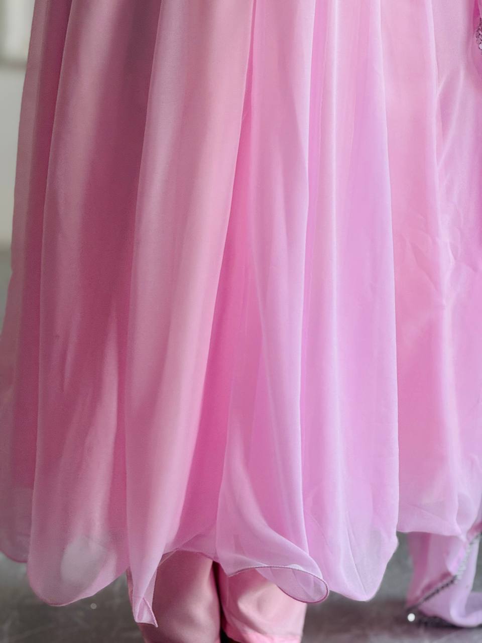 Party Wear Gown with Pant in Pink Heavy Faux Georgette with Detailed Embroidery and Full Sleeves