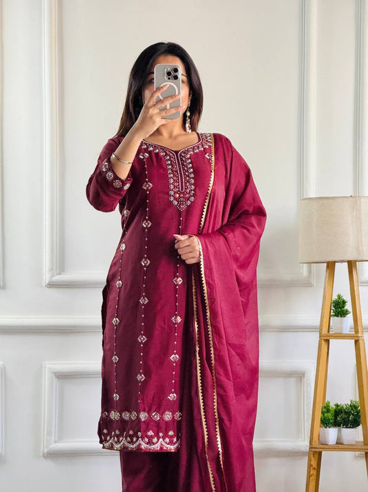 Designer Party Wear Look: Heavy Star Georgette Top and Pant with Moti Embroidery and Dupatta