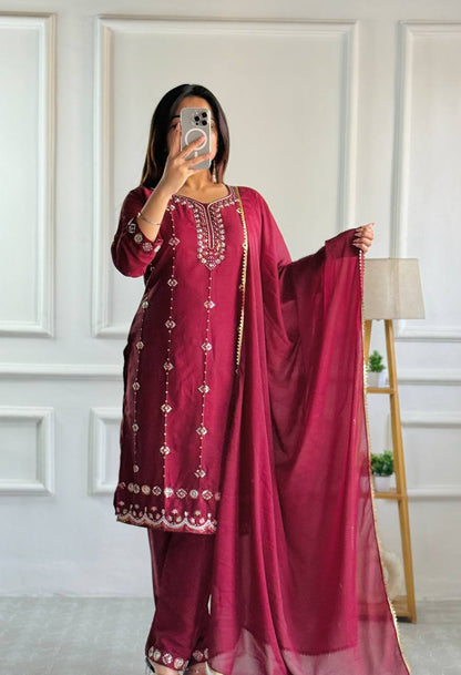 Designer Party Wear Look: Heavy Star Georgette Top and Pant with Moti Embroidery and Dupatta