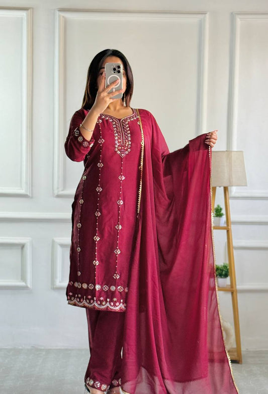 Designer Party Wear Look: Heavy Star Georgette Top and Pant with Moti Embroidery and Dupatta