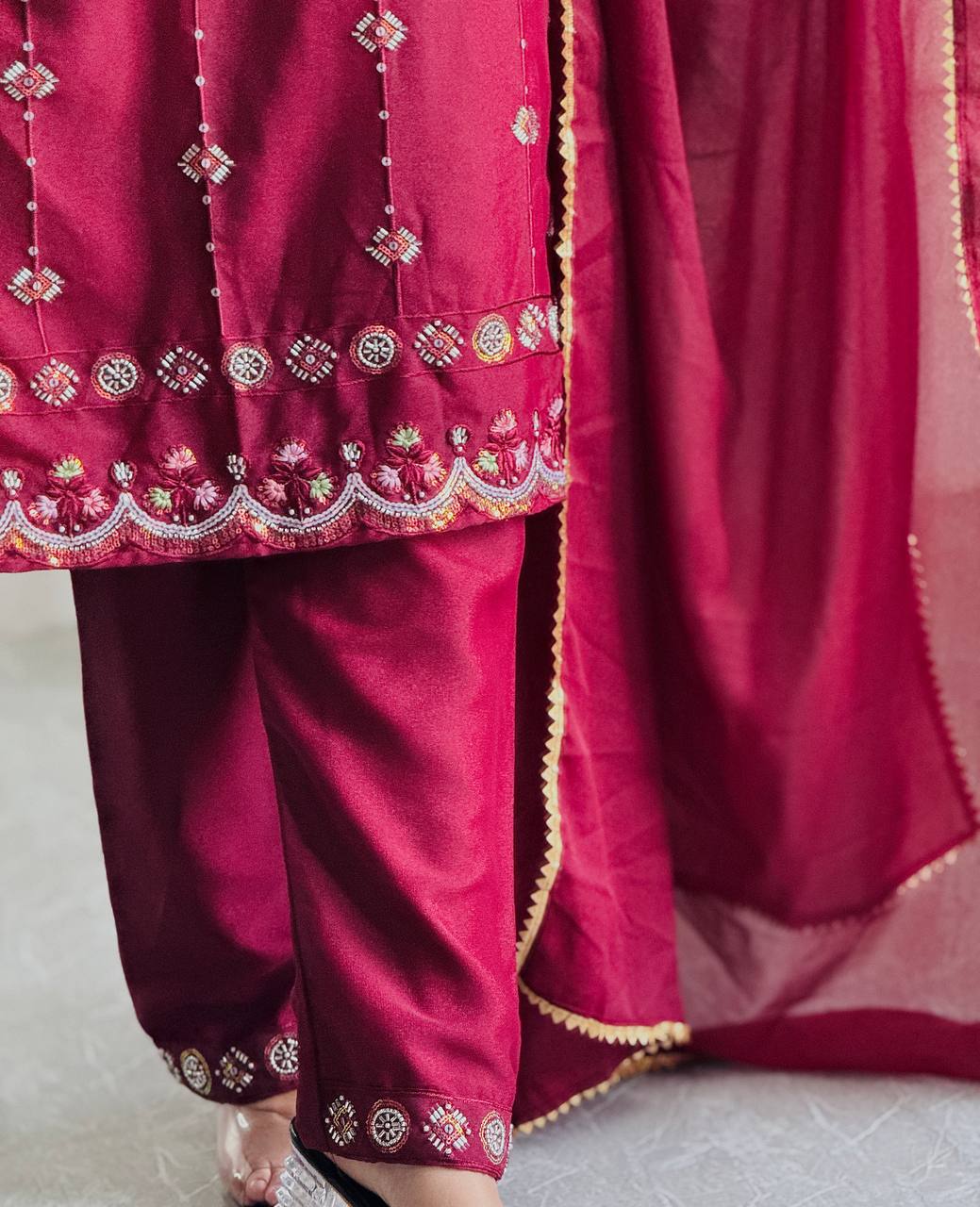Designer Party Wear Look: Heavy Star Georgette Top and Pant with Moti Embroidery and Dupatta