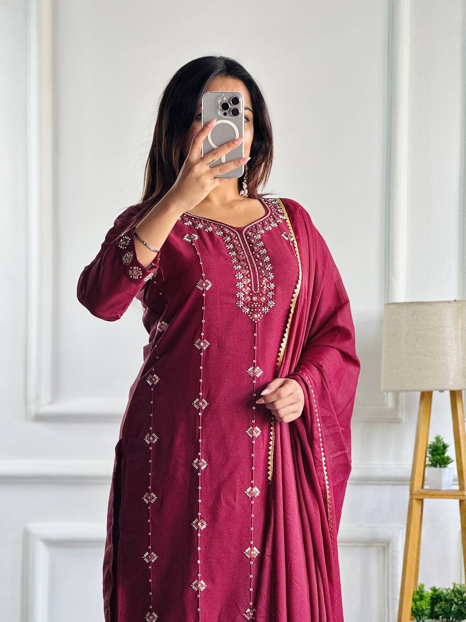 Designer Party Wear Look: Heavy Star Georgette Top and Pant with Moti Embroidery and Dupatta