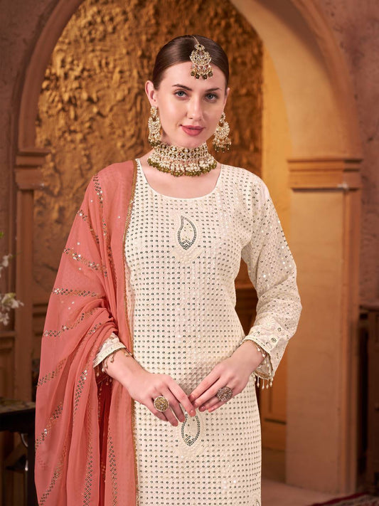 Fancy Party Wear Set with Embroidered Faux Georgette Top and Coordinated Bottom