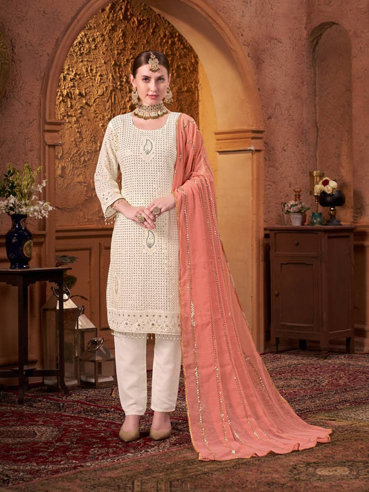 Fancy Party Wear Set with Embroidered Faux Georgette Top and Coordinated Bottom