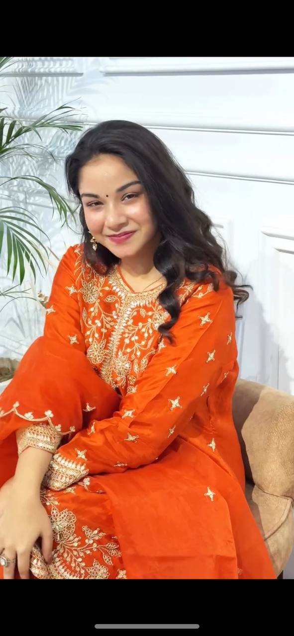 Festive Designer Wear: Orange Chinon Silk Top with Sharara and Stylish Dupatta