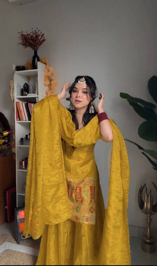 New Designer Party Wear Set in Heavy Chinon Silk with Embroidered Top, Plazzo & Fancy Dupatta