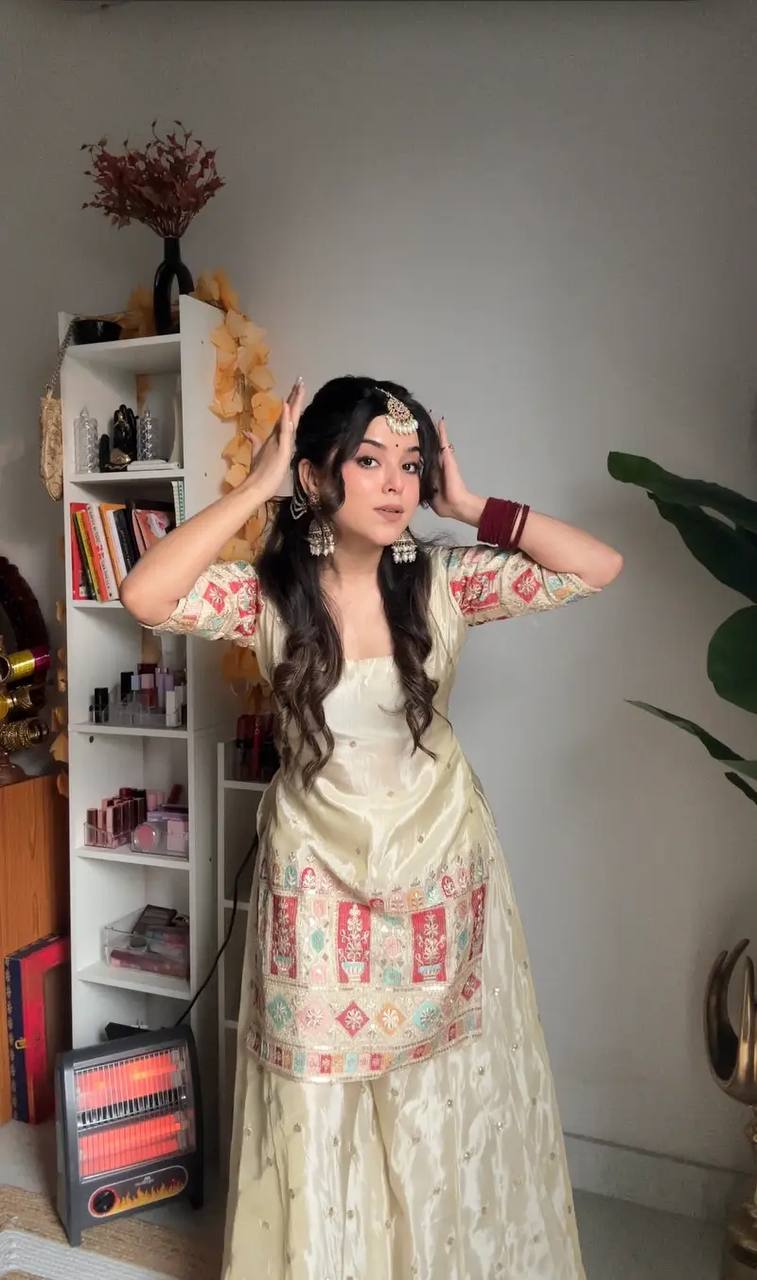 New Designer Party Wear Set in Heavy Chinon Silk with Embroidered Top, Plazzo & Fancy Dupatta