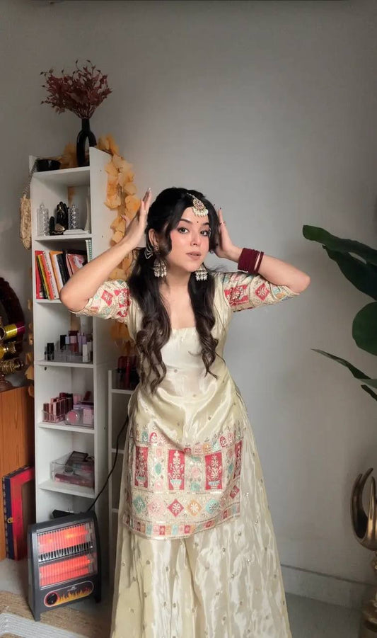 New Designer Party Wear Set in Heavy Chinon Silk with Embroidered Top, Plazzo & Fancy Dupatta