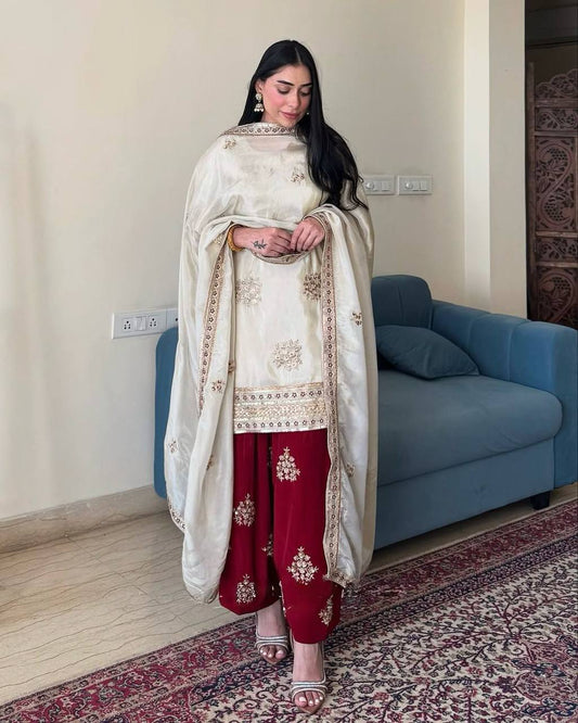 New Designer Party Wear Chinon Silk Top with Plazzo and Embroidered Dupatta