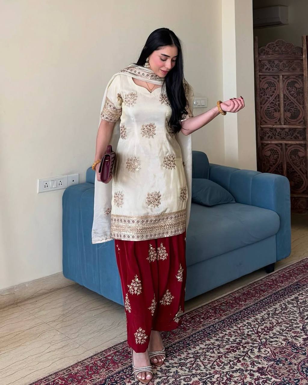 New Designer Party Wear Chinon Silk Top with Plazzo and Embroidered Dupatta