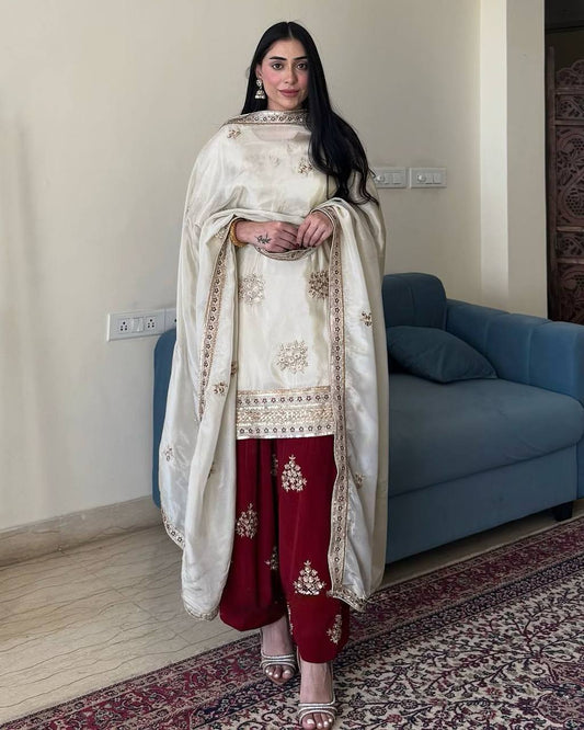 New Designer Party Wear Chinon Silk Top with Plazzo and Embroidered Dupatta