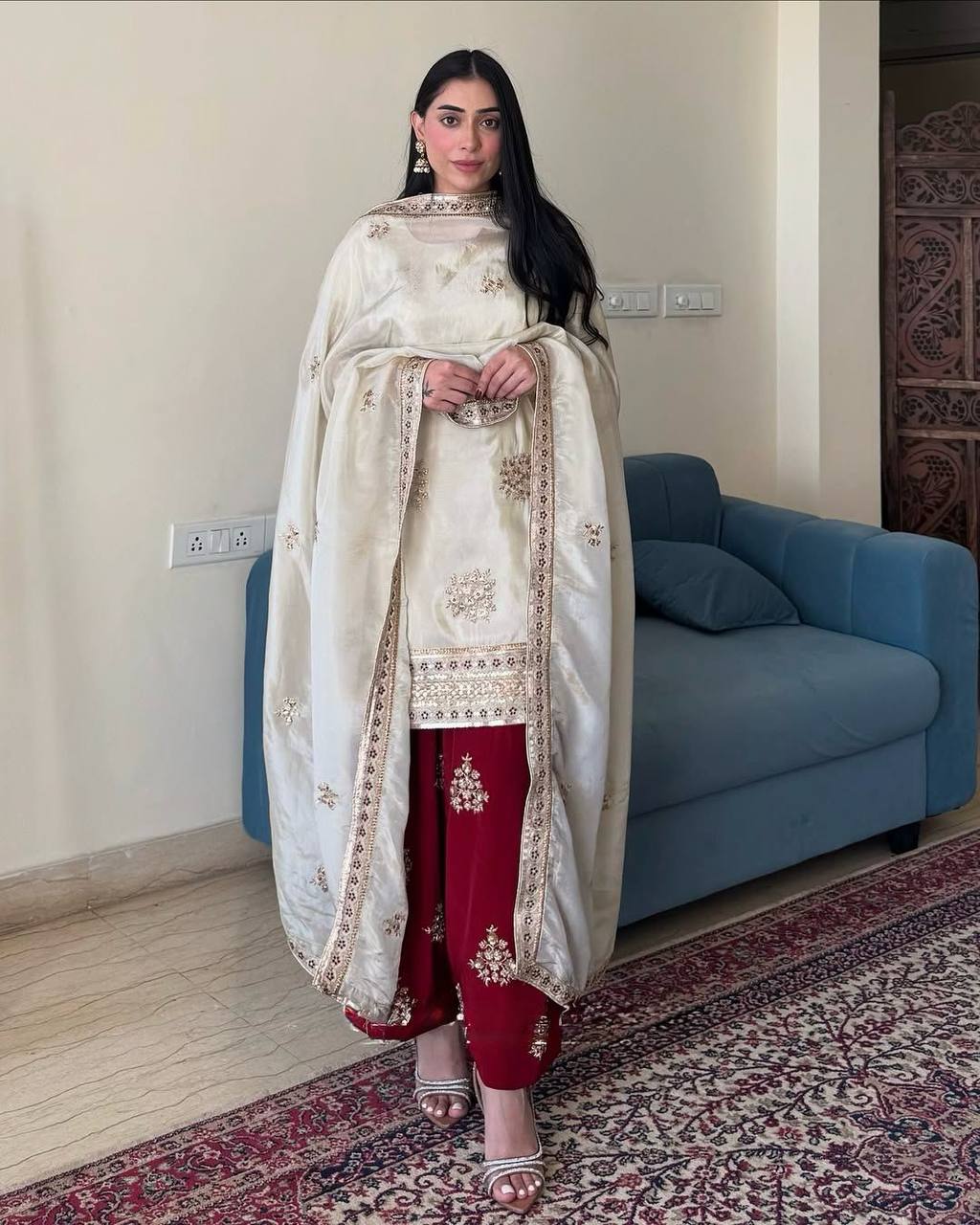 New Designer Party Wear Chinon Silk Top with Plazzo and Embroidered Dupatta