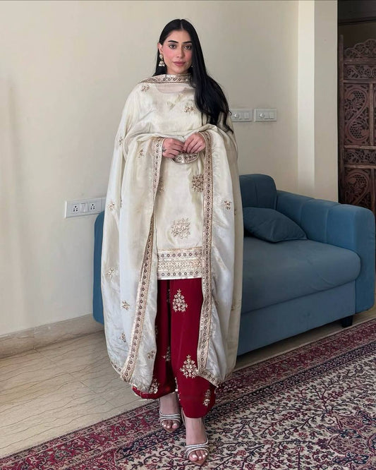 New Designer Party Wear Chinon Silk Top with Plazzo and Embroidered Dupatta