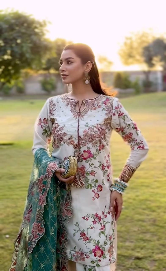 Chic Party Wear Ensemble Top with Farshi Plazzo in Heavy Printed Modal Silk and Sequin Embroidery - Jaipur Blossom