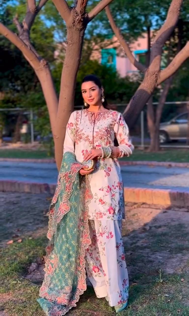 Chic Party Wear Ensemble Top with Farshi Plazzo in Heavy Printed Modal Silk and Sequin Embroidery - Jaipur Blossom