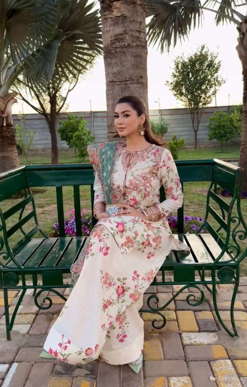 Chic Party Wear Ensemble Top with Farshi Plazzo in Heavy Printed Modal Silk and Sequin Embroidery - Jaipur Blossom