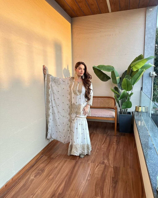 White New Designer Party Sharara Suit & Dupatta Set - Jaipur Blossom