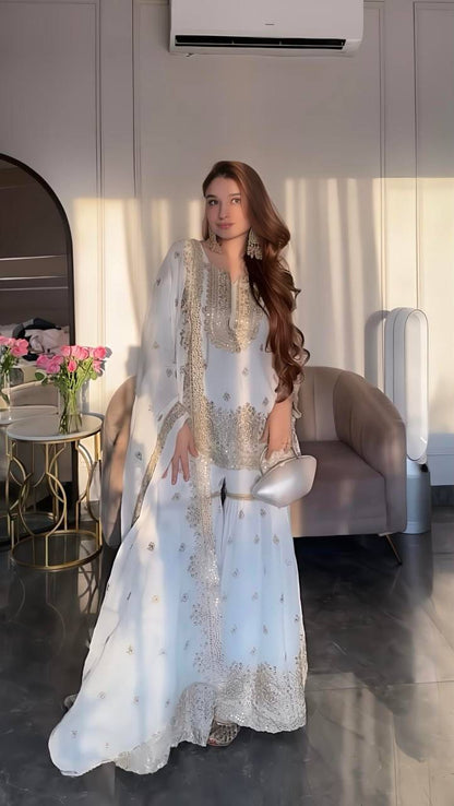 White New Designer Party Sharara Suit & Dupatta Set - Jaipur Blossom