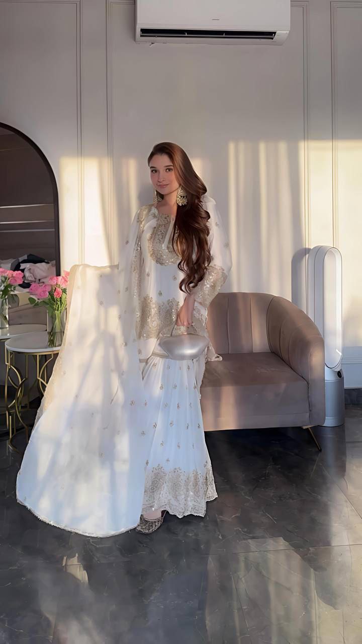 White New Designer Party Sharara Suit & Dupatta Set - Jaipur Blossom