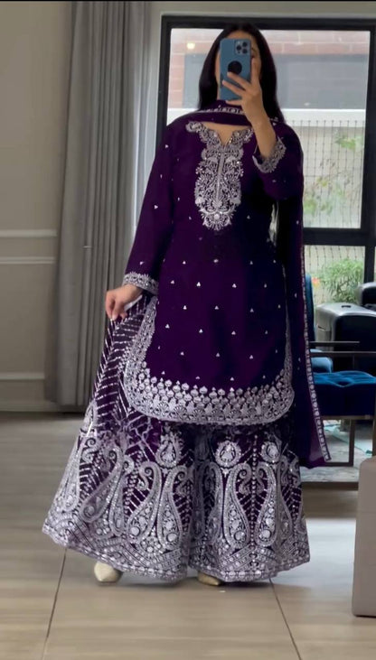 Heavy Embroidery Chinnon Silk Top with Sharara, Dupatta & Latkan Detailing